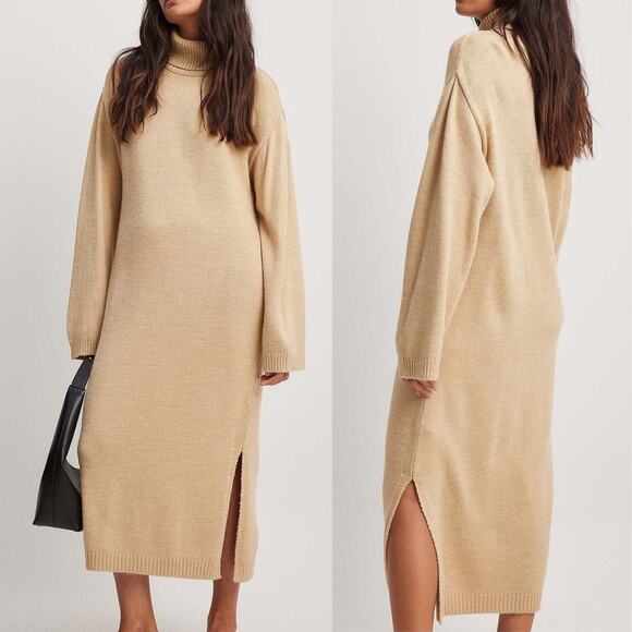 NA-KD Tan Knitted Oversized Long Sleeve Side Slit Turtleneck Midi Sweater Dress - Picture 1 of 12